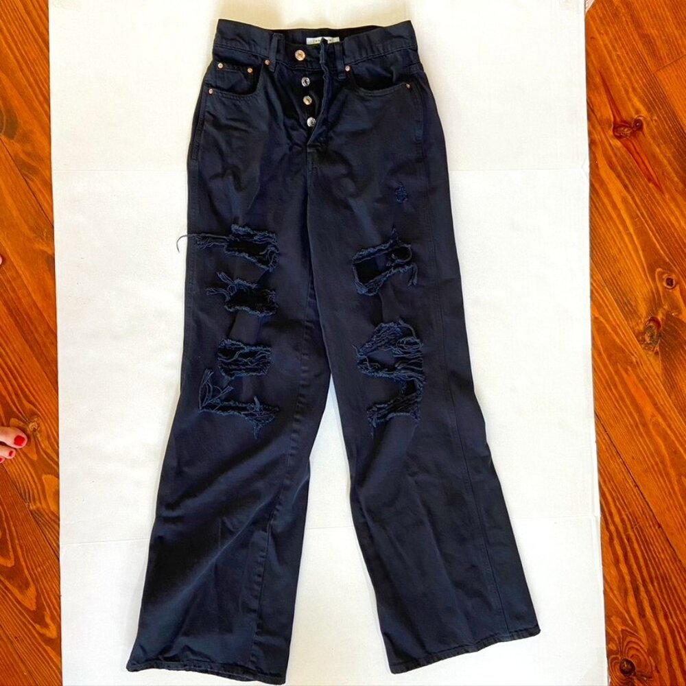 Pac Sun High Rise Button Fly Black Distressed Jeans Sz 27 - Picture 1 of 11